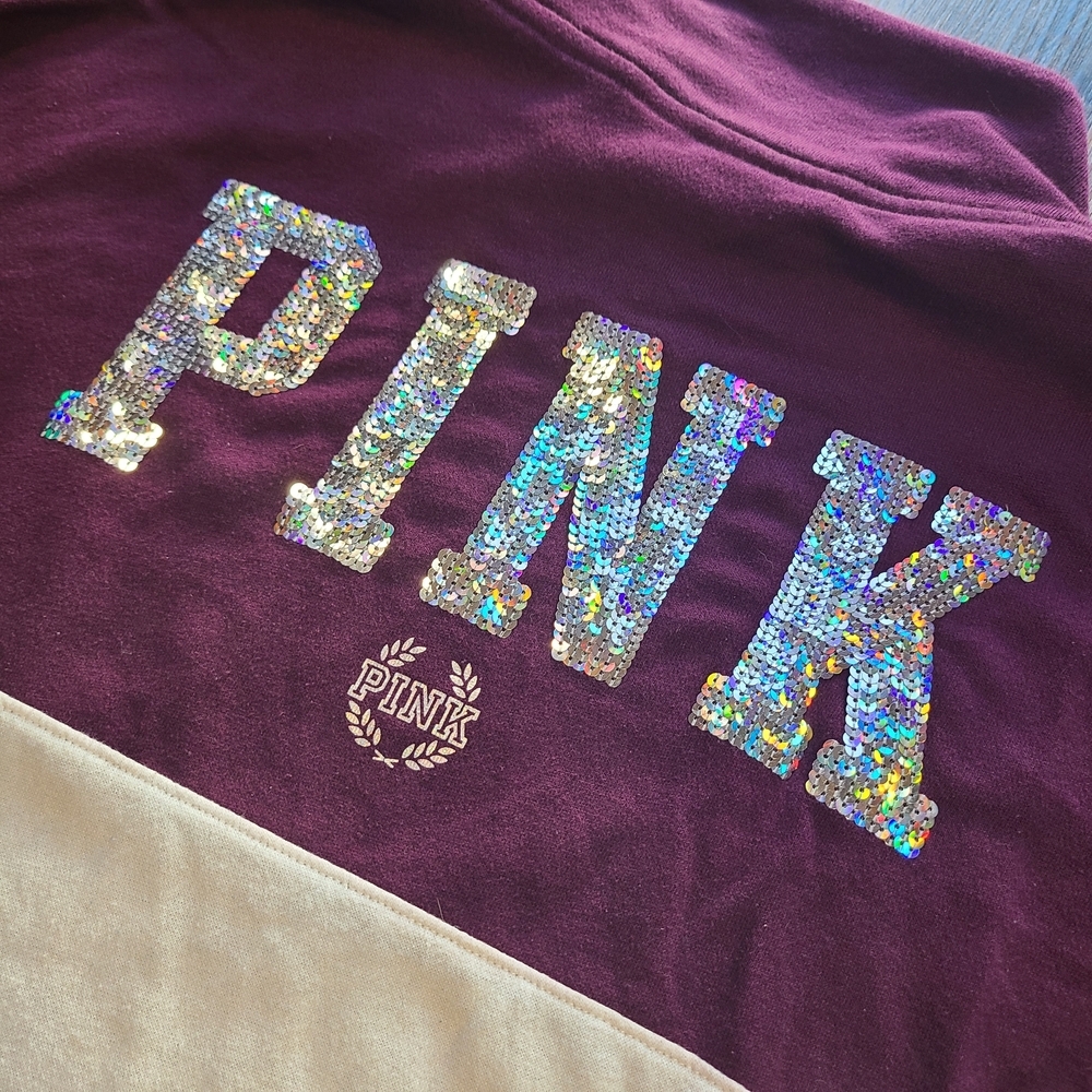 Victoria’s Secret PINK Sequin Logo Half Zip Pullover Sweatshirt Medium - Picture 6 of 8